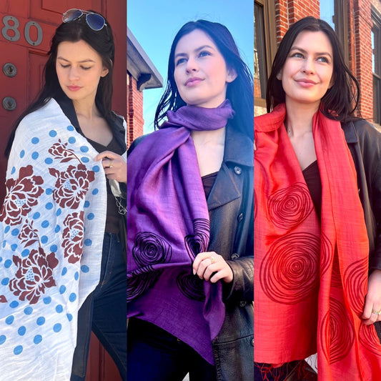 Screen Printed Silk Blend Scarves in 13 colors and patterns, hand printed in Vietnam