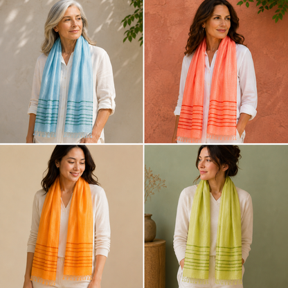 "Lines of Silk" Scarves, ~23" x 72", lightweight, silk/viscose blend, handmade in Vietnam