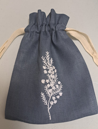 "Botanicals" Small Drawstring Pouch, hand embroidered linen ~5” x 6”