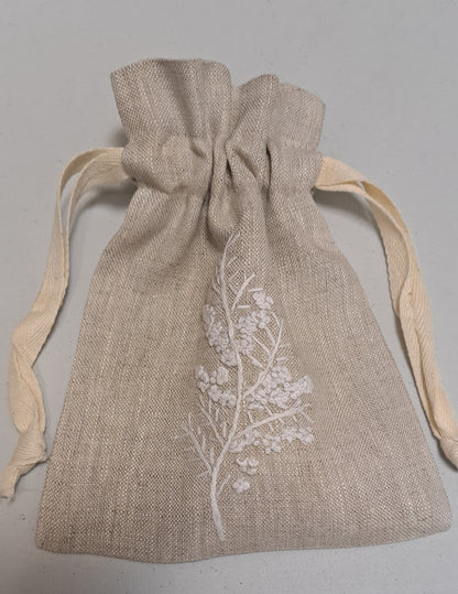 "Botanicals" Small Drawstring Pouch, hand embroidered linen ~5” x 6”