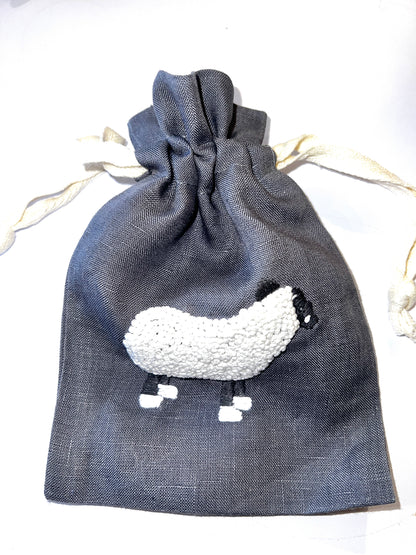 "Botanicals" Small Drawstring Pouch, hand embroidered linen ~5” x 6”