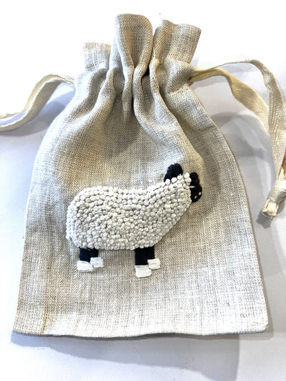 "Botanicals" Small Drawstring Pouch, hand embroidered linen ~5” x 6”
