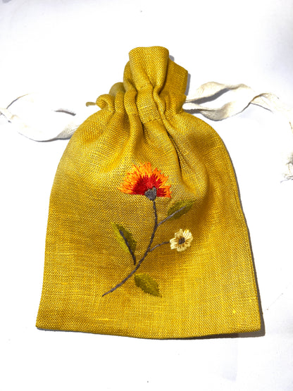 "Botanicals" Small Drawstring Pouch, hand embroidered linen ~5” x 6”