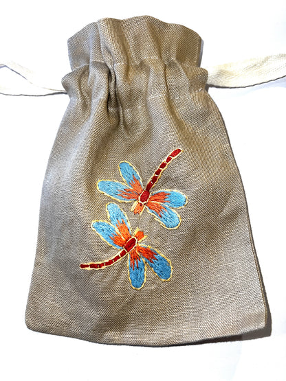 "Botanicals" Small Drawstring Pouch, hand embroidered linen ~5” x 6”