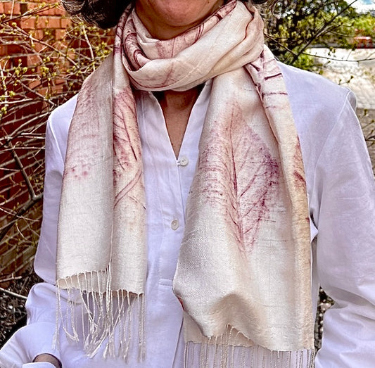 "Botanical Print" Raw Silk Scarf, with REAL Banyan tree leaf imprints, (VIDEO) watch it being made