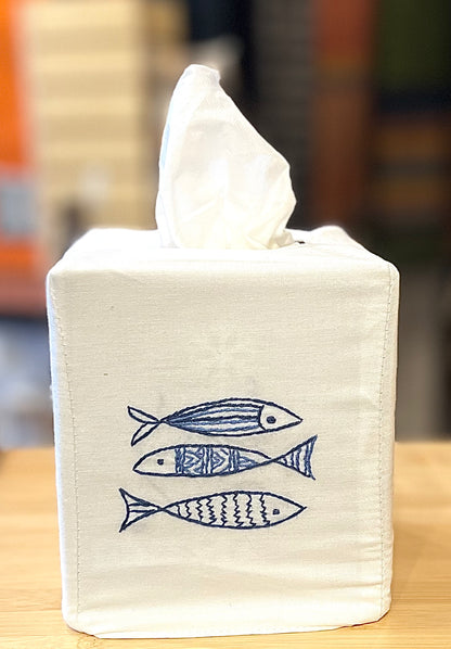 “Coastal” Cotton Tissue Box Covers, hand embroidered in Vietnam