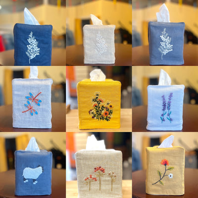“Botanicals” Linen Tissue Box Covers, hand embroidered in Vietnam