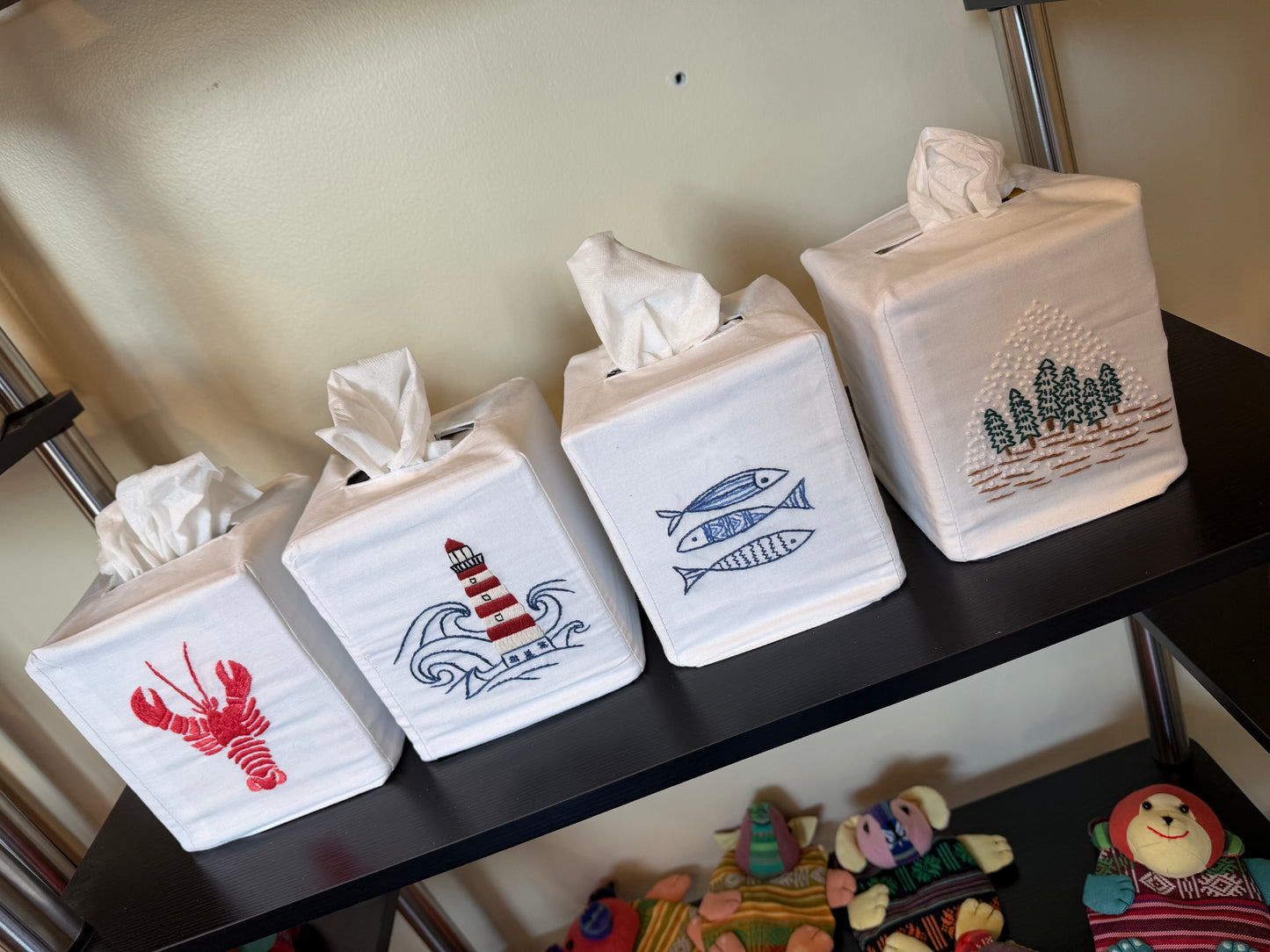 Cotton Tissue Box Covers, "Coastal" group, hand embroidered