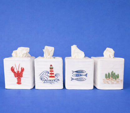 Cotton Tissue Box Covers, "Coastal" group, hand embroidered