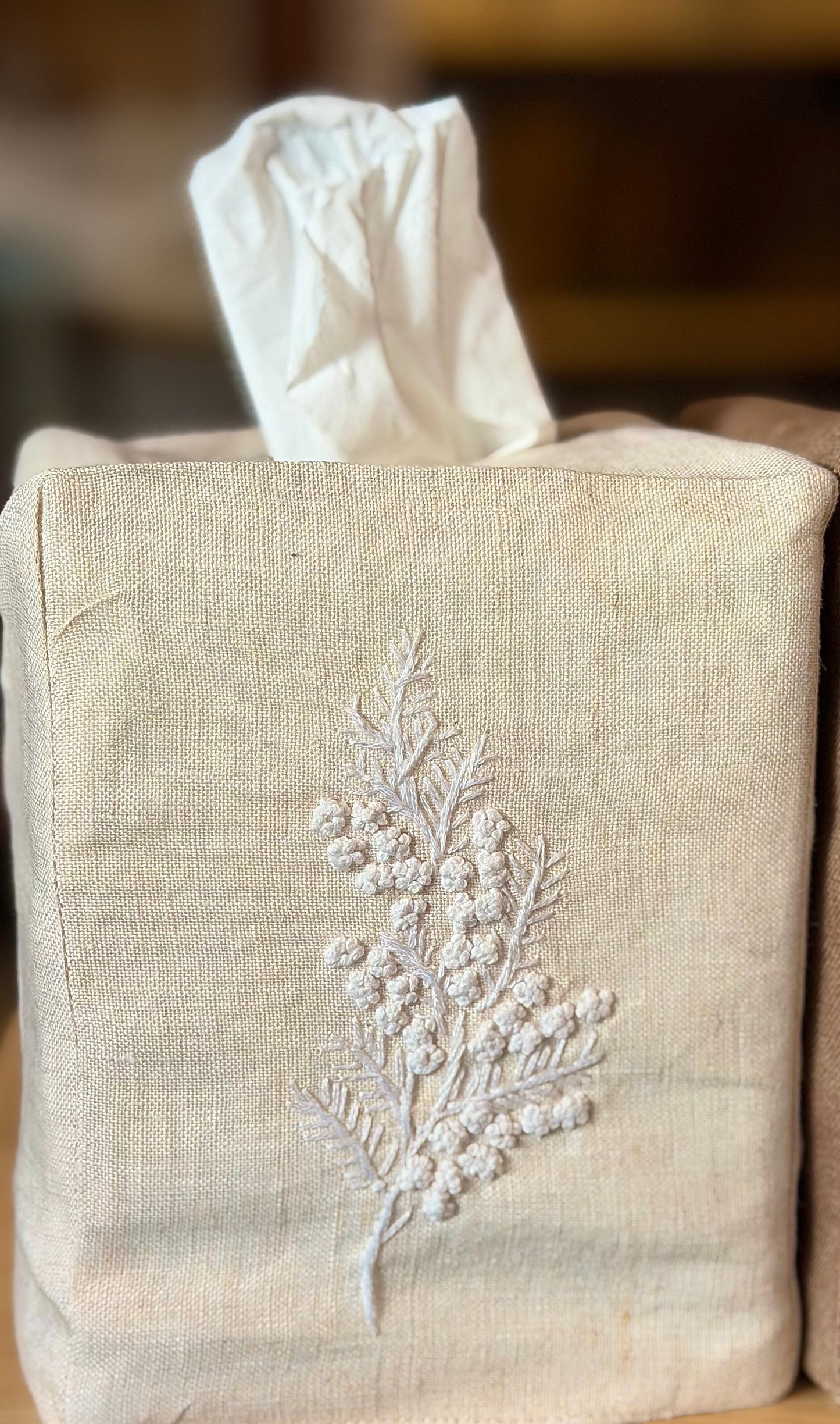 Tissue Box Covers, NEW "French Flowers" group, hand embroidered linen