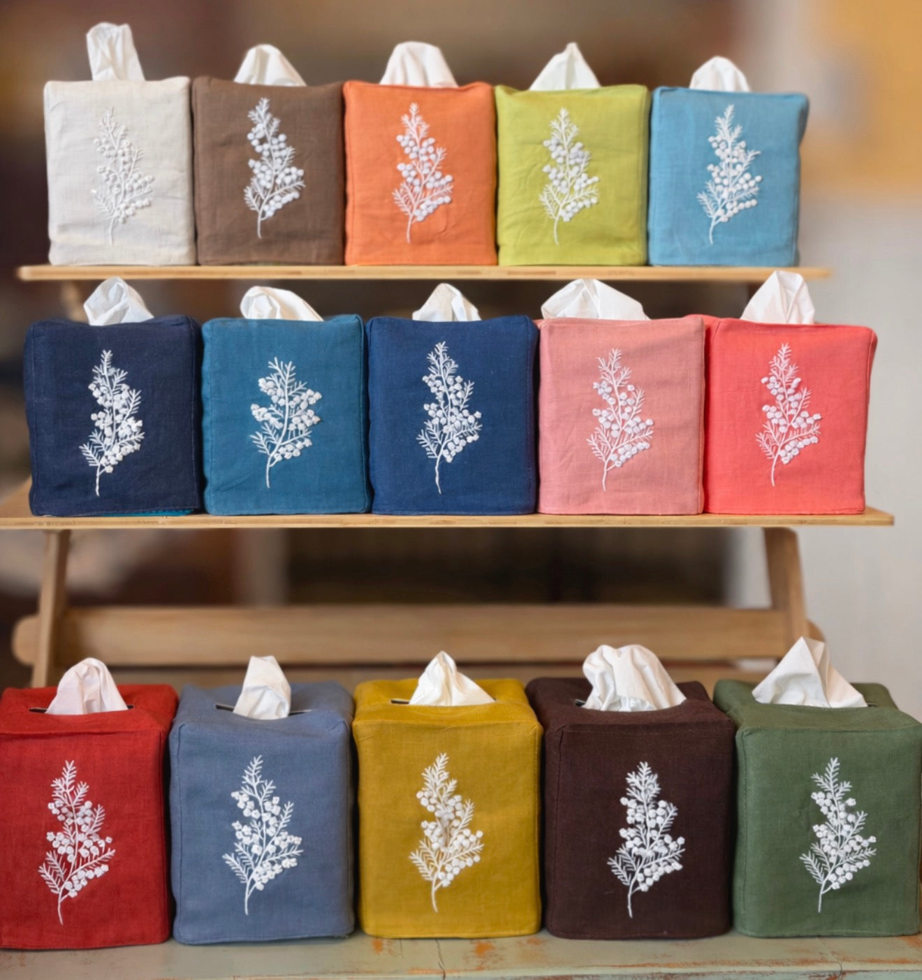 Tissue Box Covers, NEW "French Flowers" group, hand embroidered linen