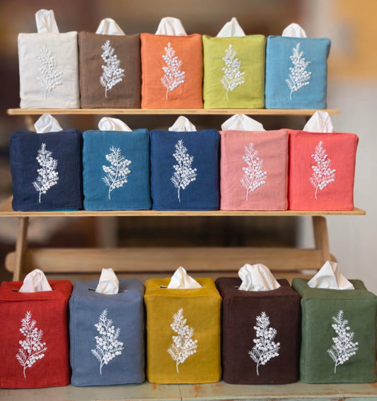 Tissue Box Covers, NEW "French Flowers" group, hand embroidered linen
