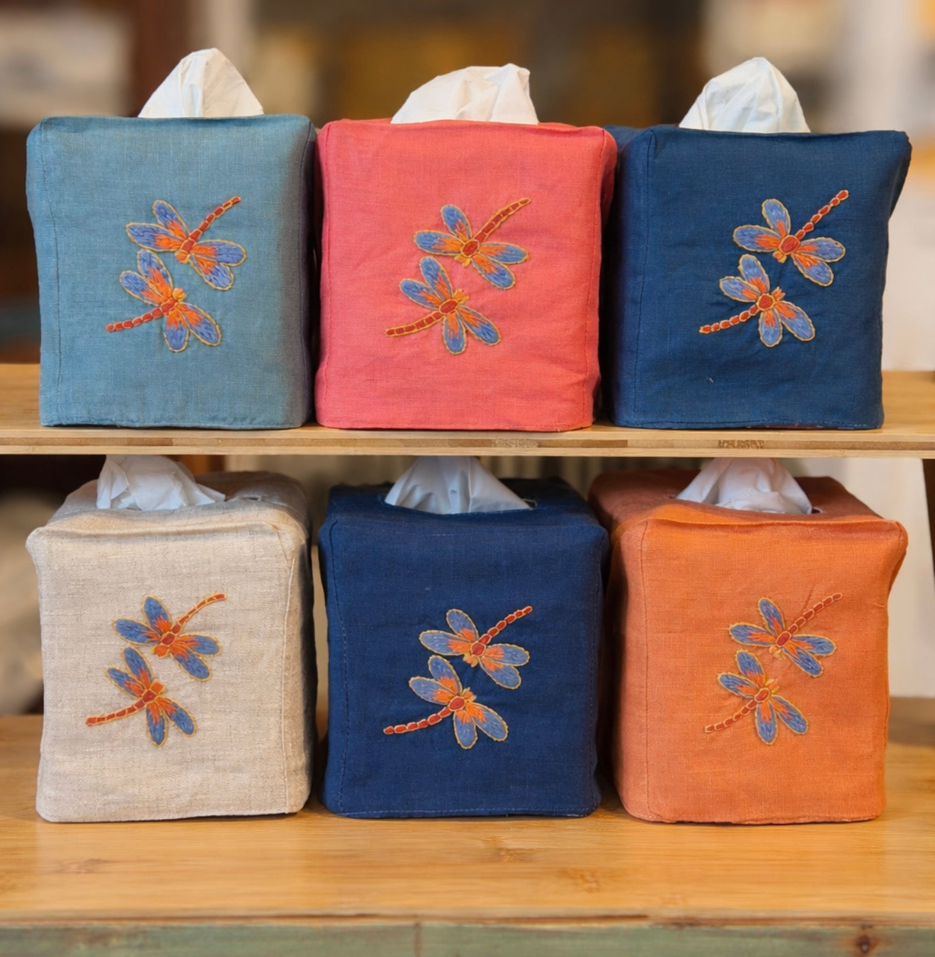 Tissue Box Covers, NEW "Dragonflies" group, hand embroidered linen