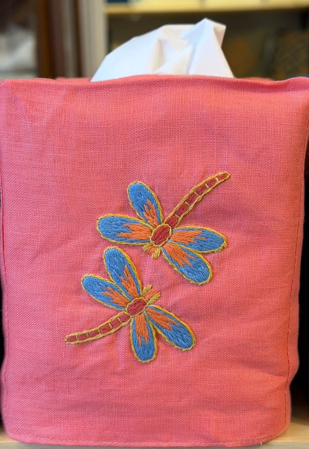 Tissue Box Covers, NEW "Dragonflies" group, hand embroidered linen