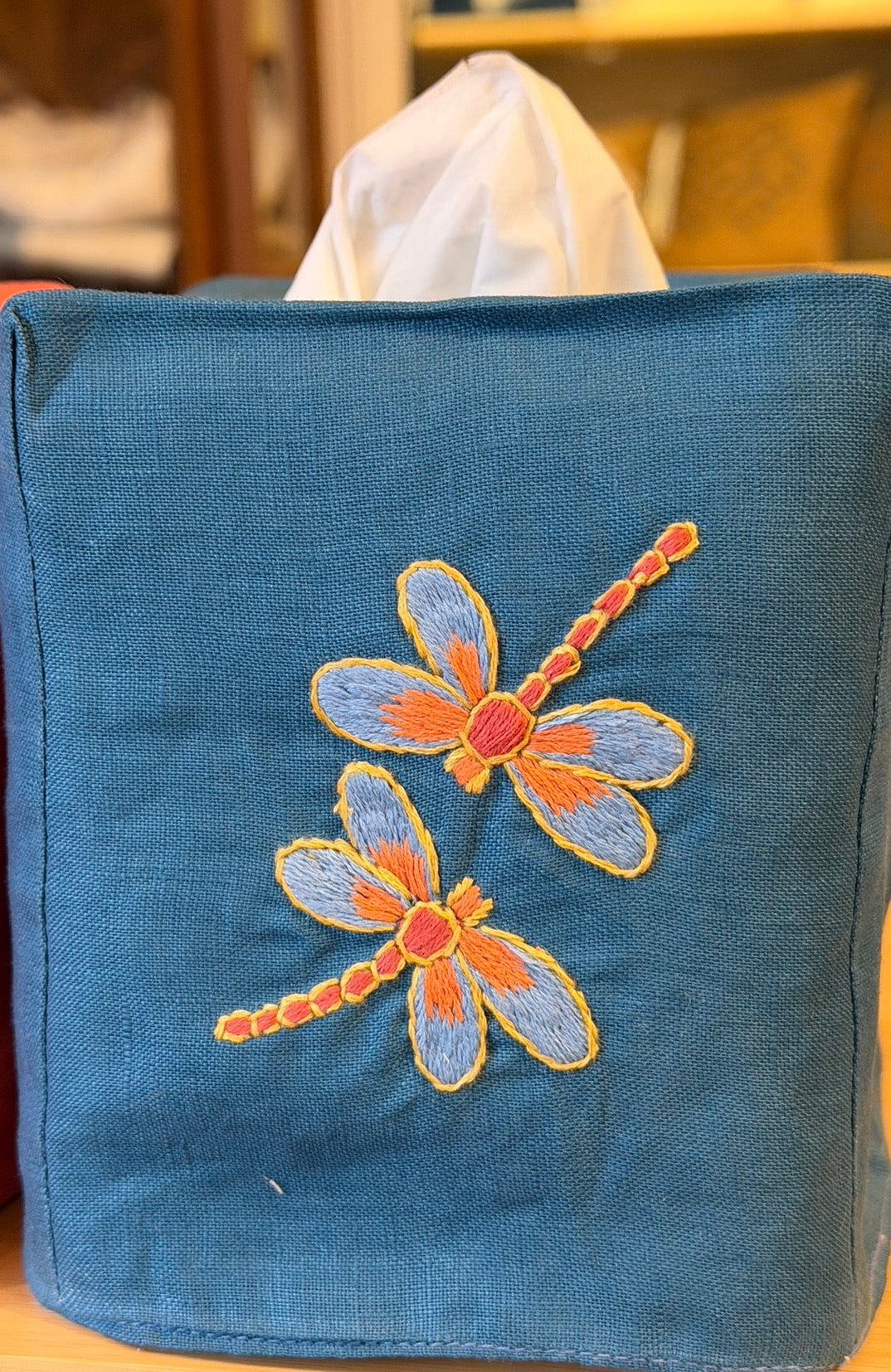Tissue Box Covers, NEW "Dragonflies" group, hand embroidered linen