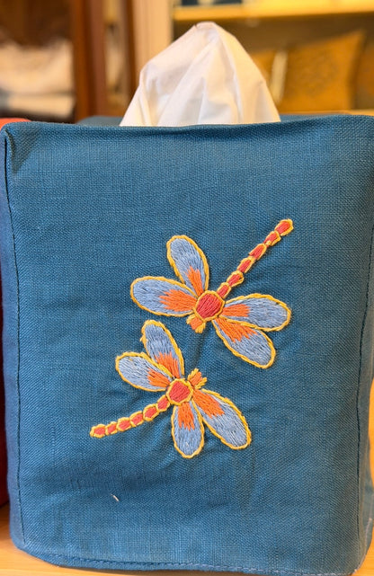 Tissue Box Covers, NEW "Dragonflies" group, hand embroidered linen