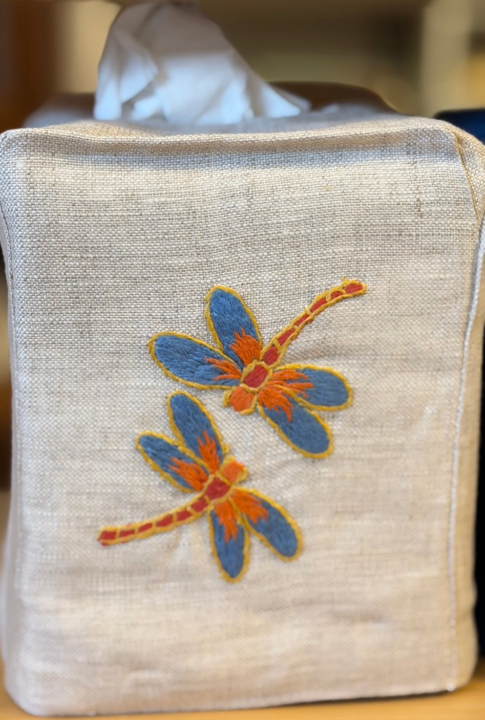 Tissue Box Covers, NEW "Dragonflies" group, hand embroidered linen