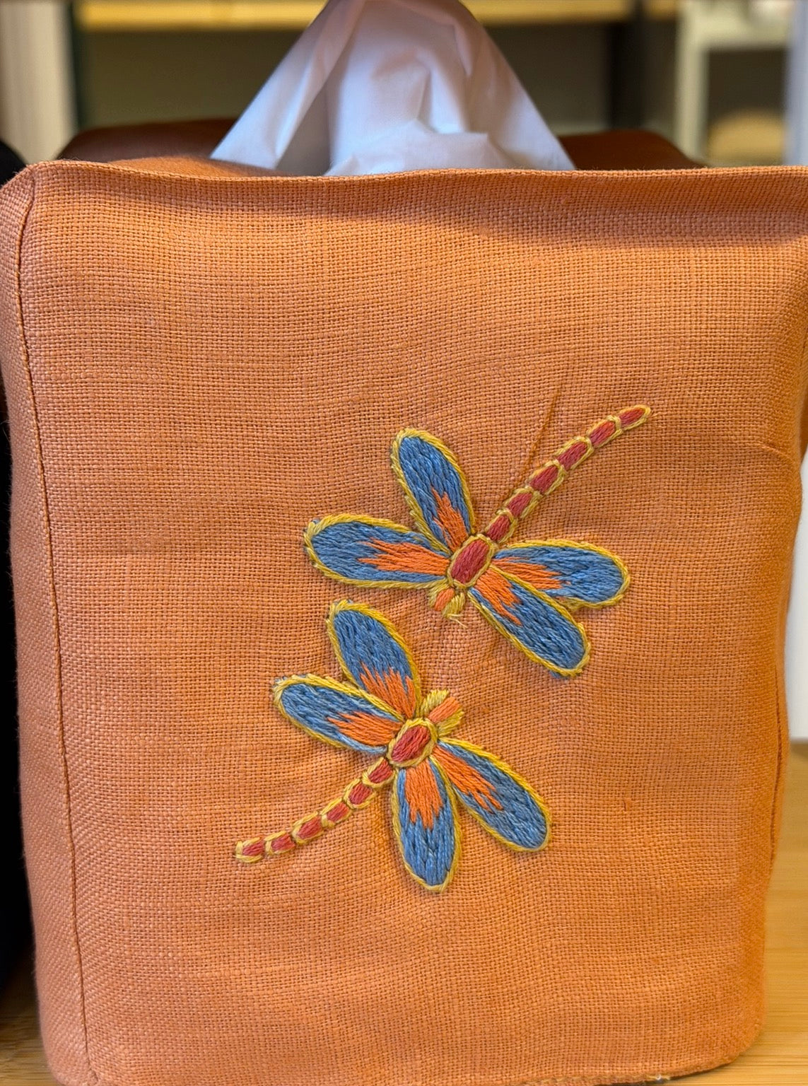 Tissue Box Covers, NEW "Dragonflies" group, hand embroidered linen