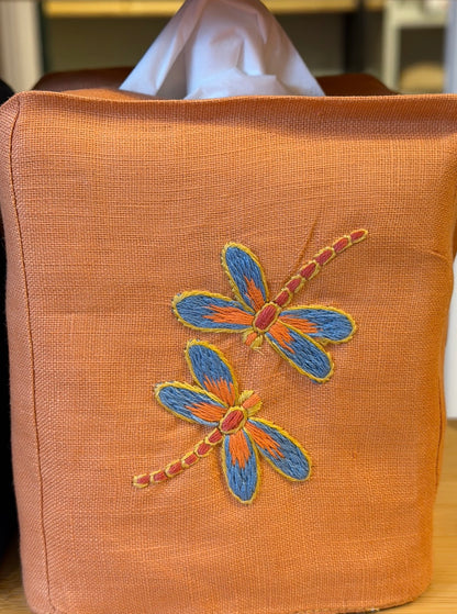 Tissue Box Covers, NEW "Dragonflies" group, hand embroidered linen