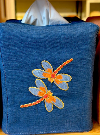 Tissue Box Covers, NEW "Dragonflies" group, hand embroidered linen