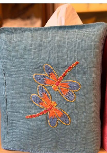 Tissue Box Covers, NEW "Dragonflies" group, hand embroidered linen
