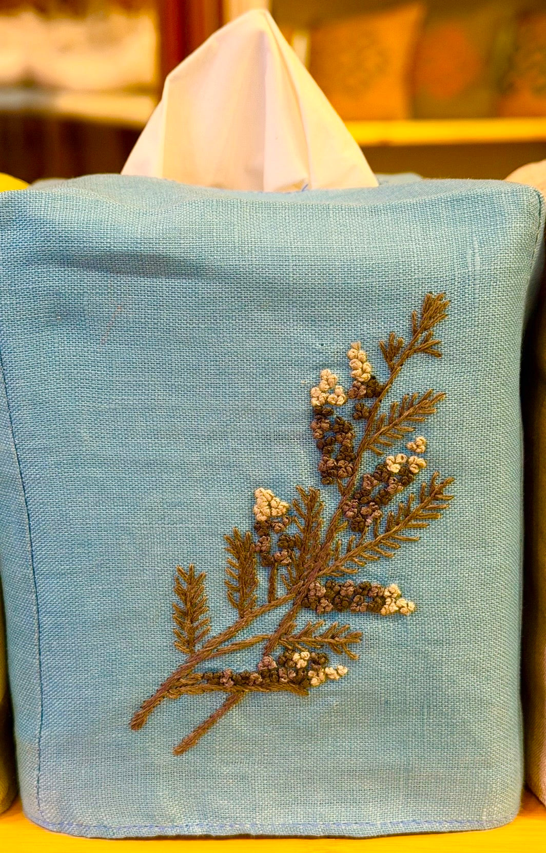 Tissue Box Covers, NEW "Gray Branch" group, hand embroidered linen