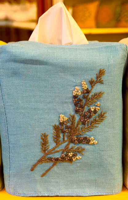 Tissue Box Covers, NEW "Gray Branch" group, hand embroidered linen