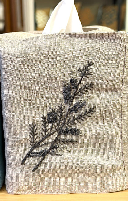 Tissue Box Covers, NEW "Gray Branch" group, hand embroidered linen