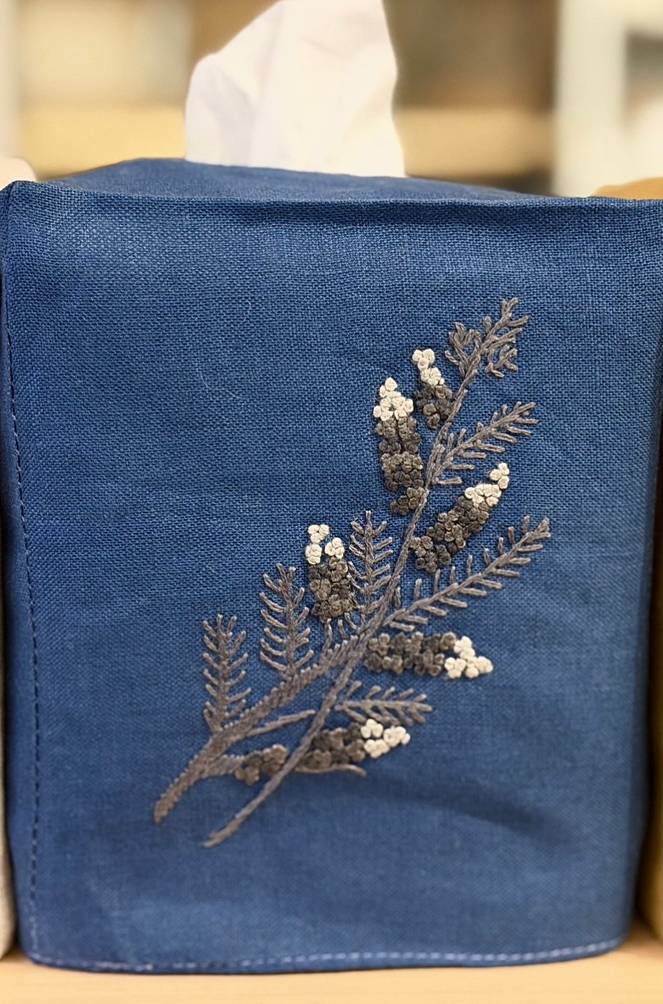 Tissue Box Covers, NEW "Gray Branch" group, hand embroidered linen