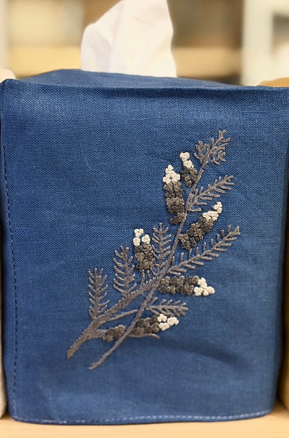 Tissue Box Covers, NEW "Gray Branch" group, hand embroidered linen