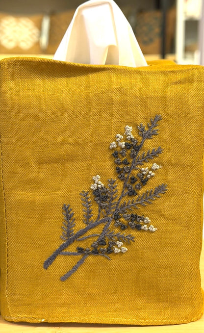 Tissue Box Covers, NEW "Gray Branch" group, hand embroidered linen