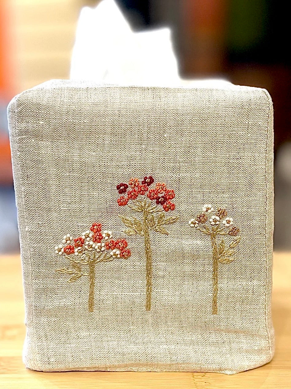 Tissue Box Covers, NEW "Flowers on Stems" group, hand embroidered linen