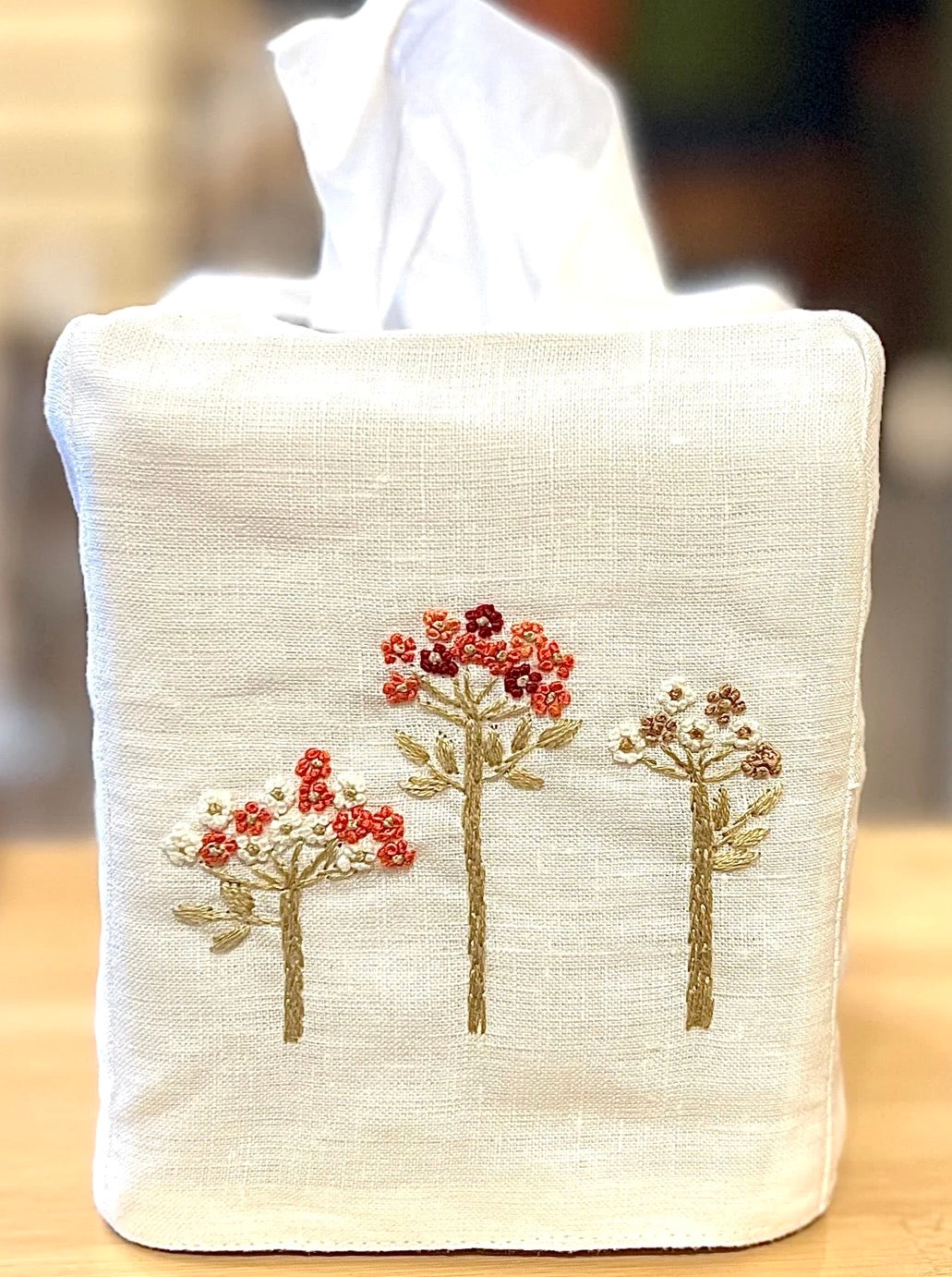 Tissue Box Covers, NEW "Flowers on Stems" group, hand embroidered linen