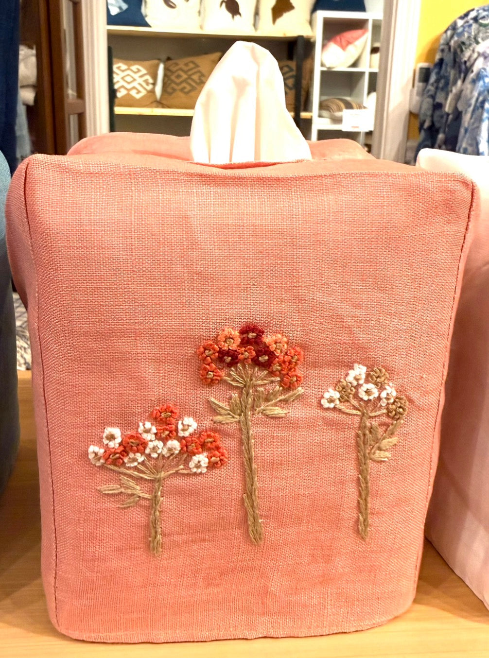 Tissue Box Covers, NEW "Flowers on Stems" group, hand embroidered linen