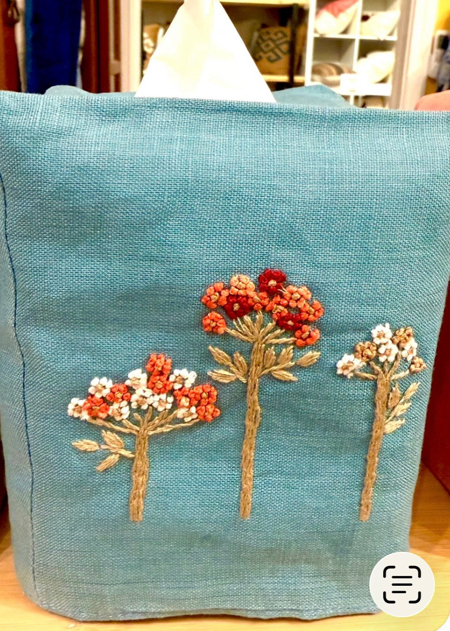 Tissue Box Covers, NEW "Flowers on Stems" group, hand embroidered linen