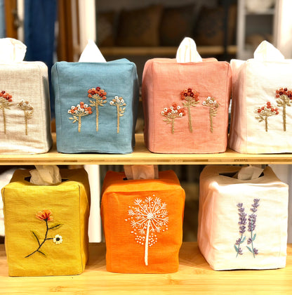 Tissue Box Covers, NEW "Flowers on Stems" group, hand embroidered linen