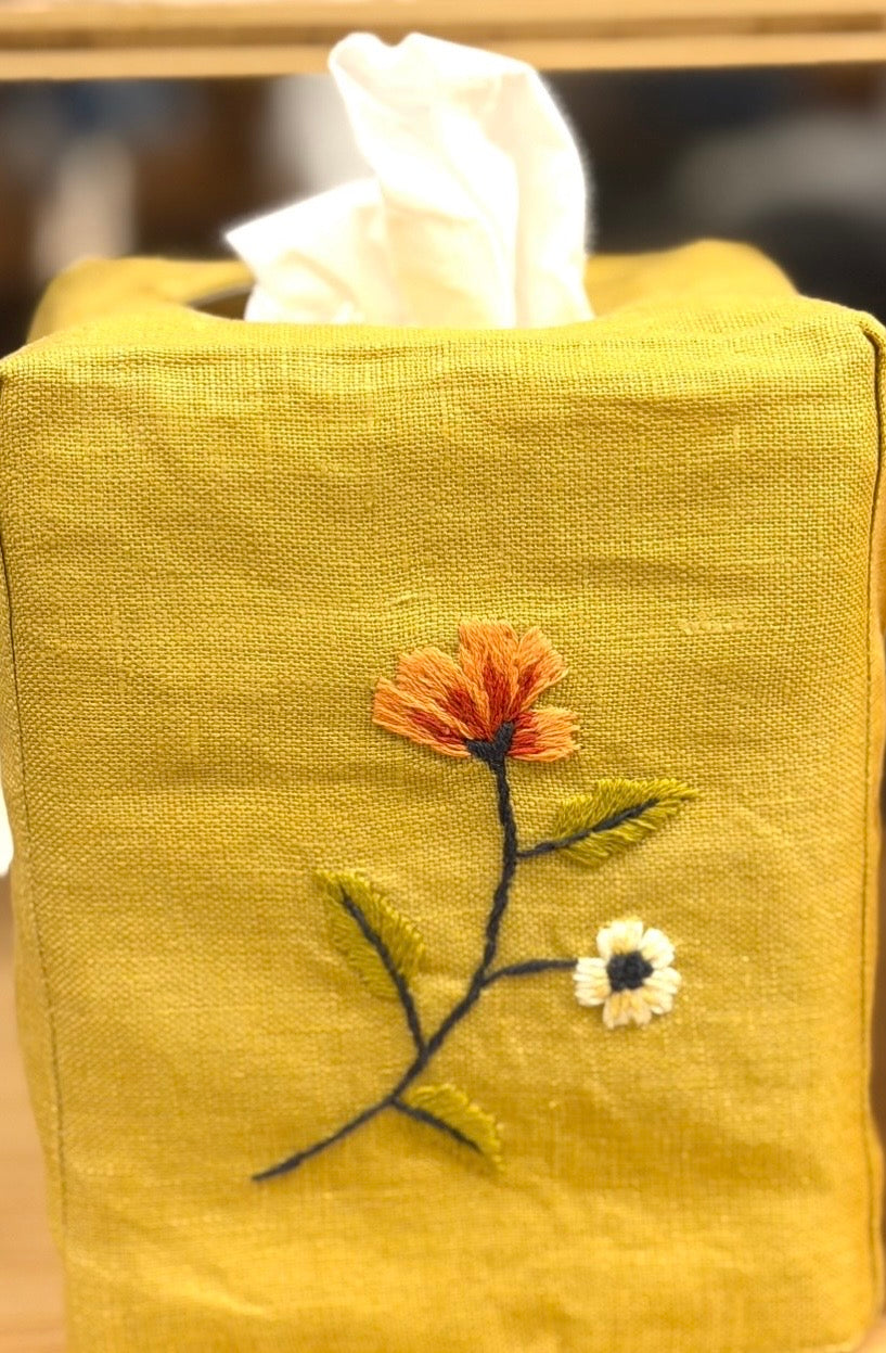 Tissue Box Covers, NEW "Flowers on Stems" group, hand embroidered linen