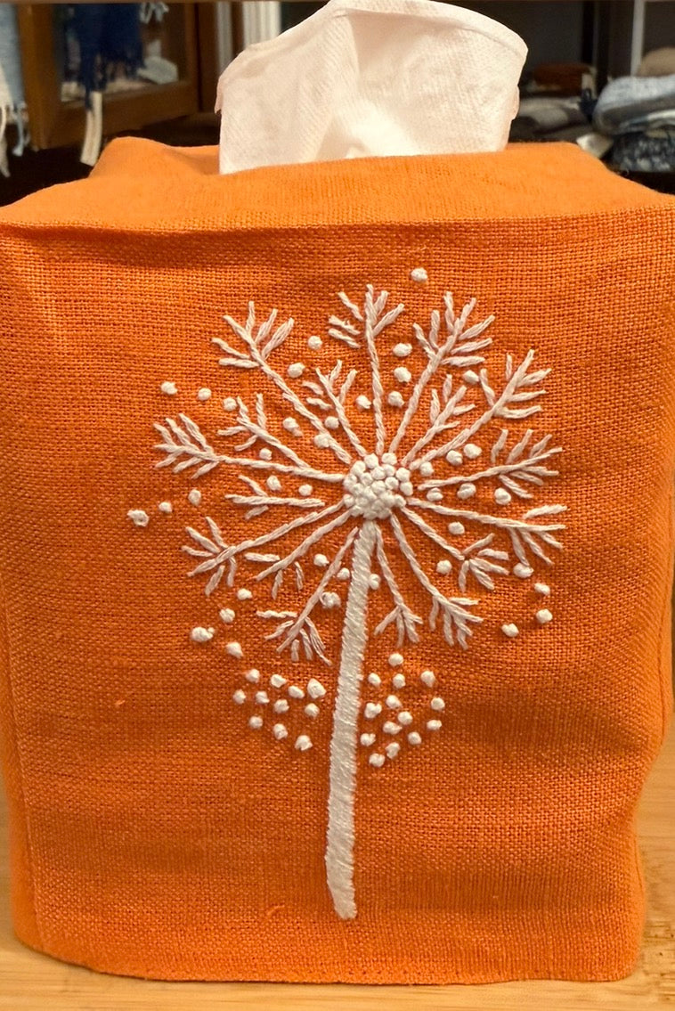 Tissue Box Covers, NEW "Flowers on Stems" group, hand embroidered linen