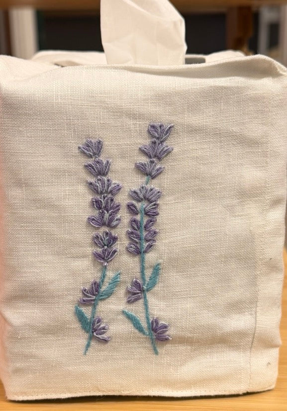 Tissue Box Covers, NEW "Flowers on Stems" group, hand embroidered linen