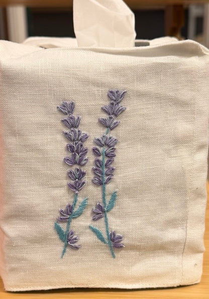 Tissue Box Covers, NEW "Flowers on Stems" group, hand embroidered linen