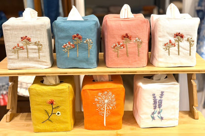 Tissue Box Covers, NEW "Flowers on Stems" group, hand embroidered linen