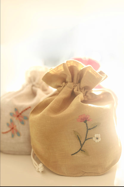 "Botanicals" Lg Drawstring Bag, hand embroidered linen