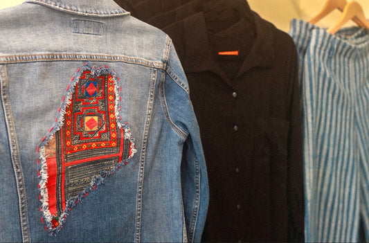 "Albert" Up-cycled Denim Jacket with Vintage Hmong textile accents