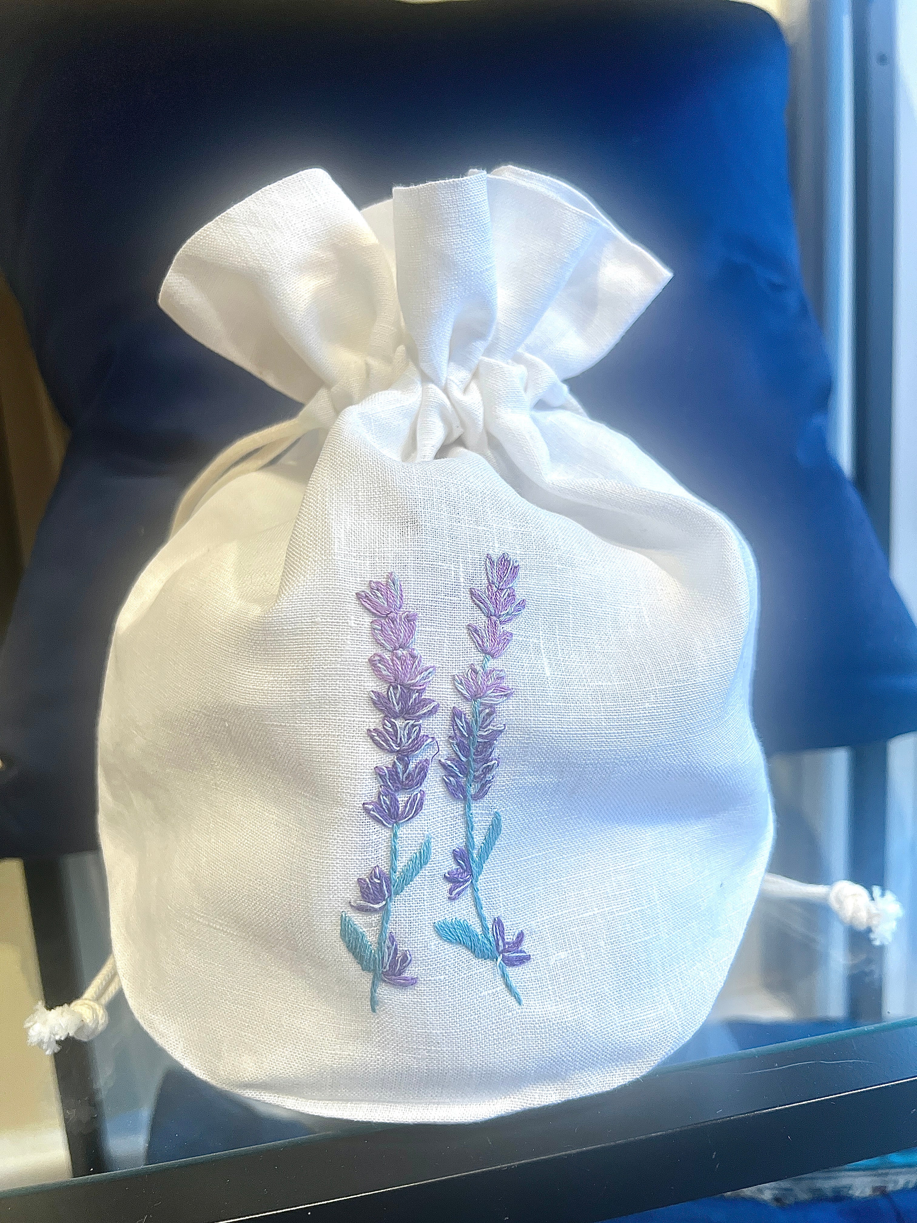 "Botanicals" Lg Drawstring Bag, hand embroidered linen