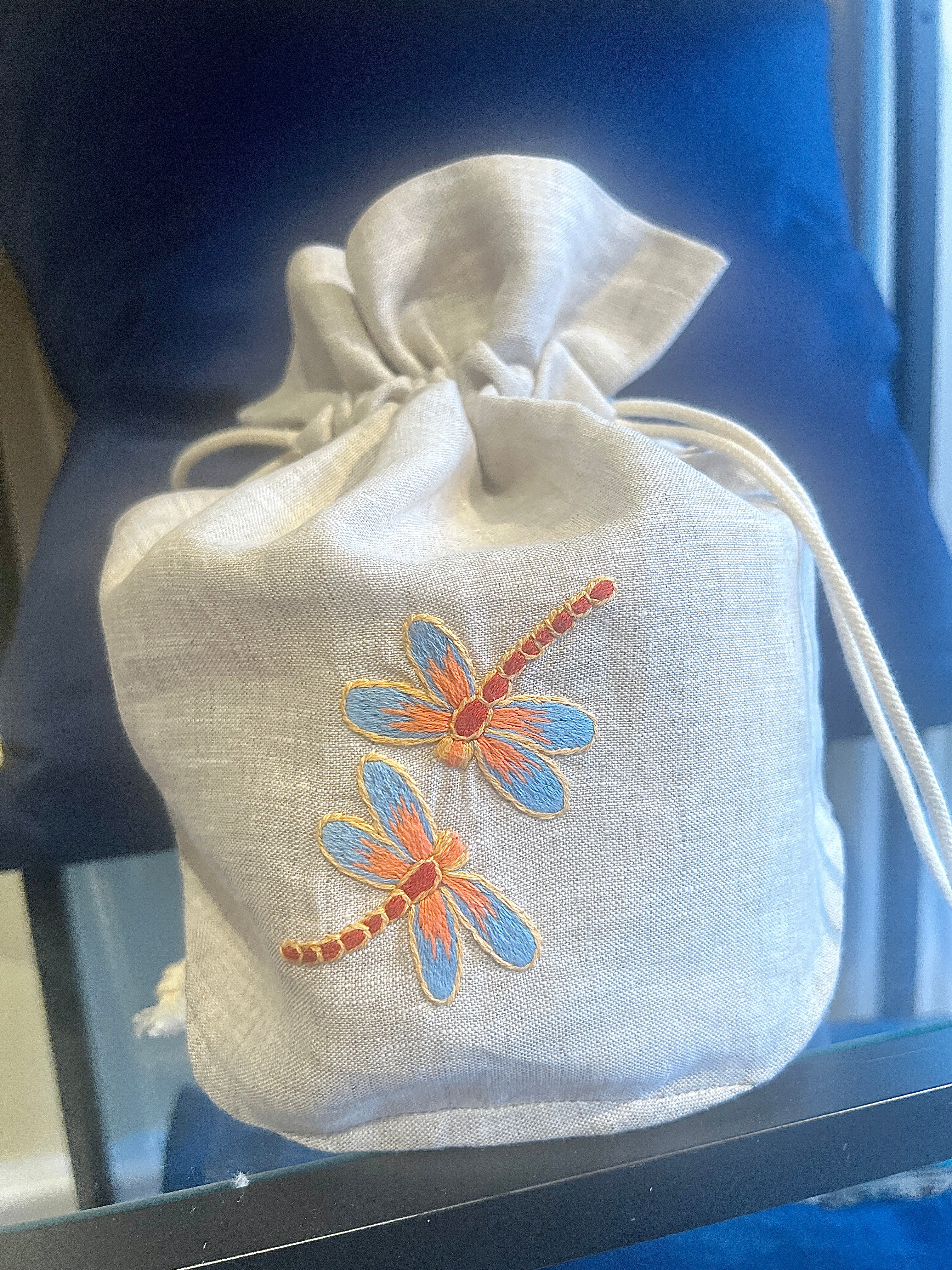 "Botanicals" Lg Drawstring Bag, hand embroidered linen