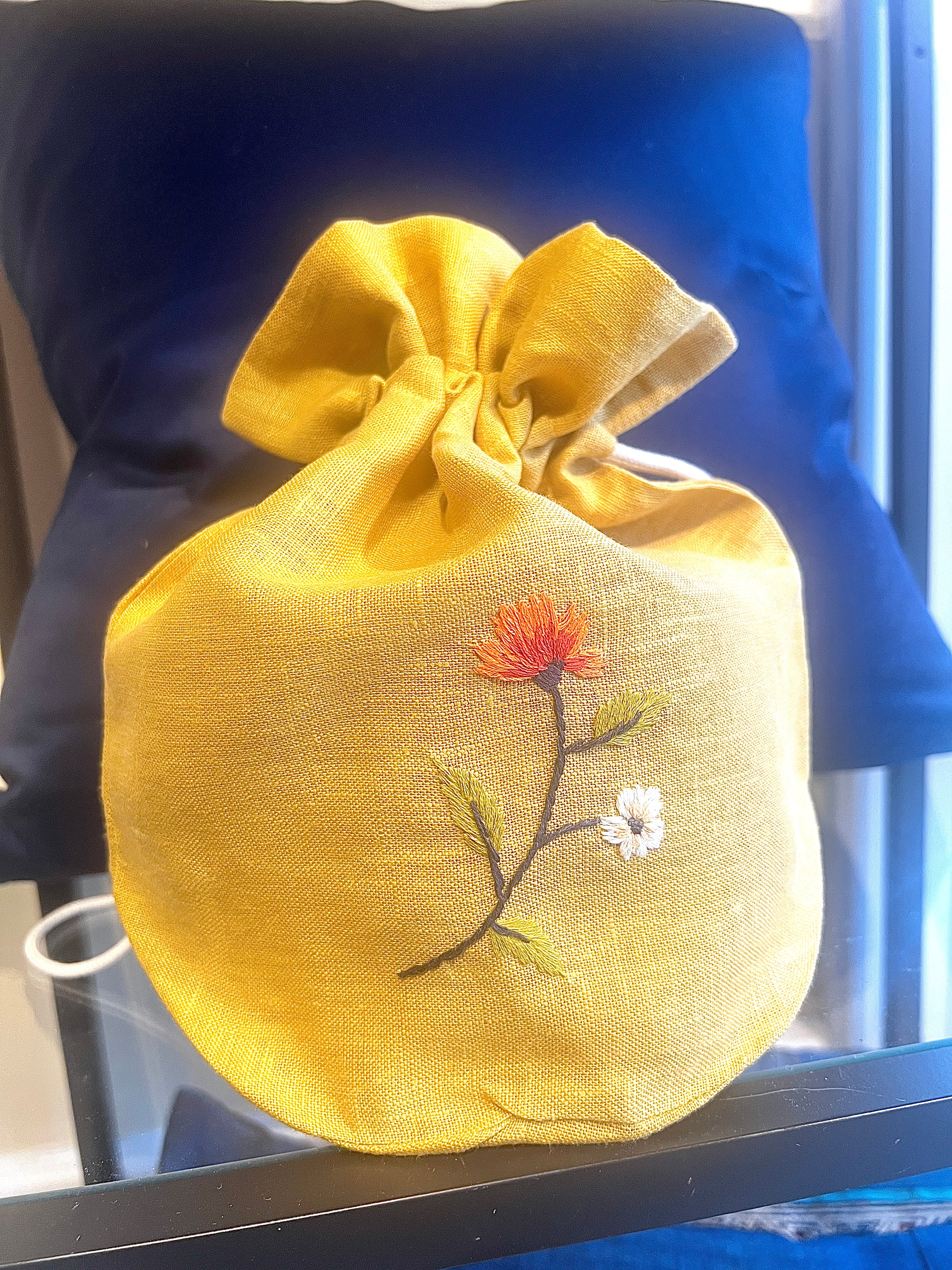 "Botanicals" Lg Drawstring Bag, hand embroidered linen