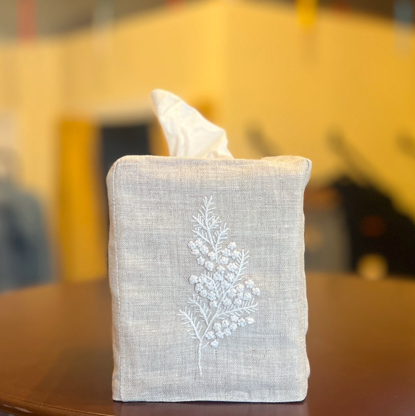 "Botanicals" Tissue Box Cover, hand embroidered linen