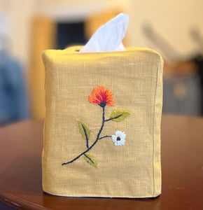 "Botanicals" Tissue Box Cover, hand embroidered linen