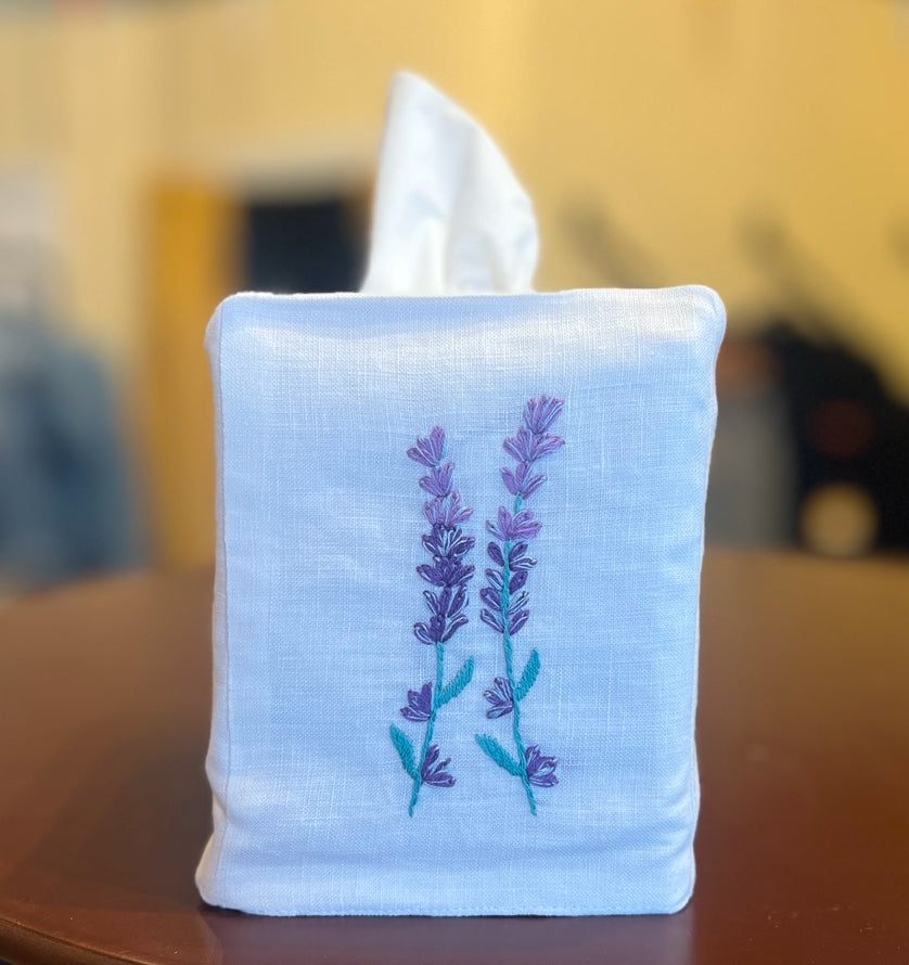 "Botanicals" Tissue Box Cover, hand embroidered linen