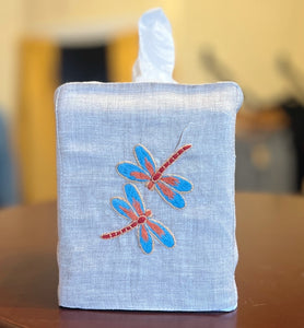 "Botanicals" Tissue Box Cover, hand embroidered linen